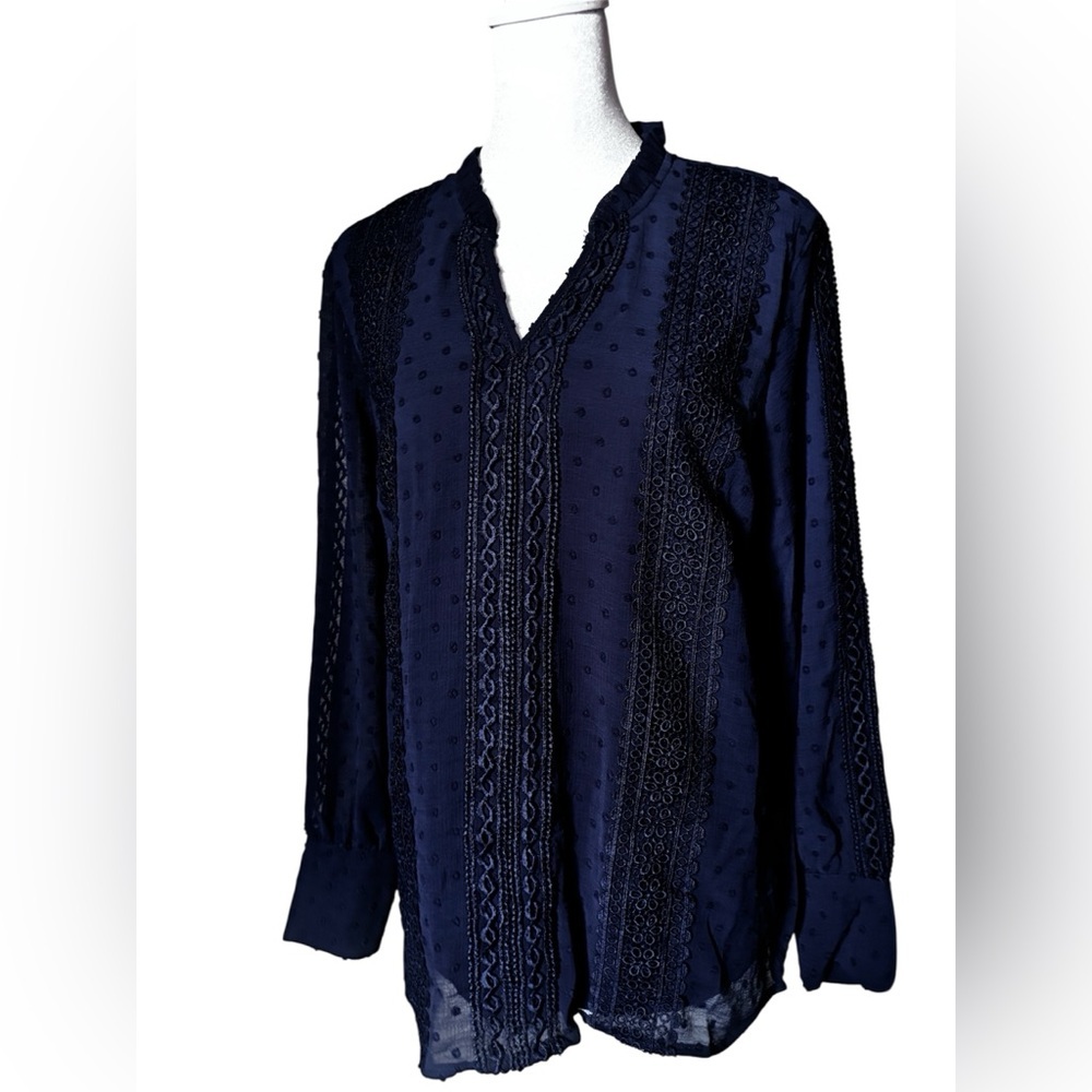 Navy Embroidered V-Neck Women’s Top